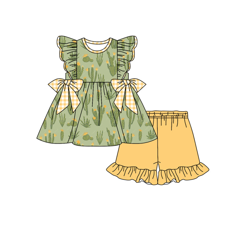 Preorder (moq 5)Baby Girls Western Cactus Bows Tunic Top Ruffle Shorts Clothes Sets