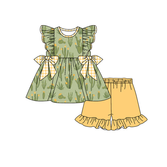 Preorder (moq 5)Baby Girls Western Cactus Bows Tunic Top Ruffle Shorts Clothes Sets
