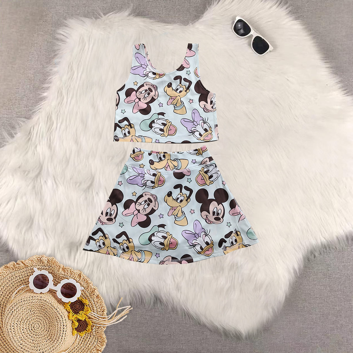 Sibling Baby Girls Cartoon Mouse Ducks Top Skorts Yoga Activity Wear Sets