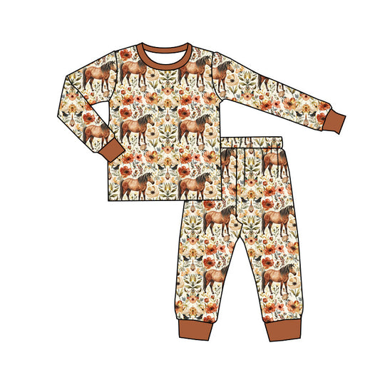 Baby Girls Western Horse Flowers Top Pants Pajamas Clothes Sets preorder(MOQ 5)