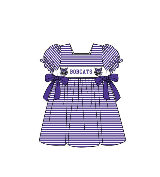 Preorder (moq 5)Baby Girls Short Ruffle Sleeve Purple Stripe Bobcats Team Knee Length Dress