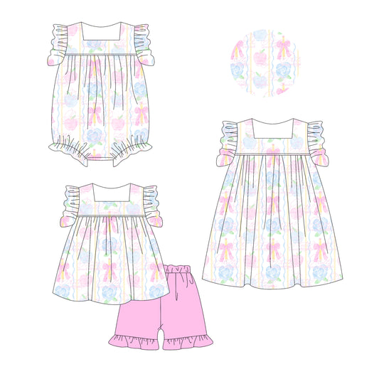 Preorder moq 5 Custom Baby Girls Flutter Sleeves Floral Bows Apples Tunic Ruffle Short Set Dress And Rompers