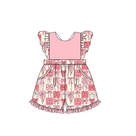 Preorder (moq 5)Baby Girls Pink Checkered Bows Flutter Sleeve Jumpsuits