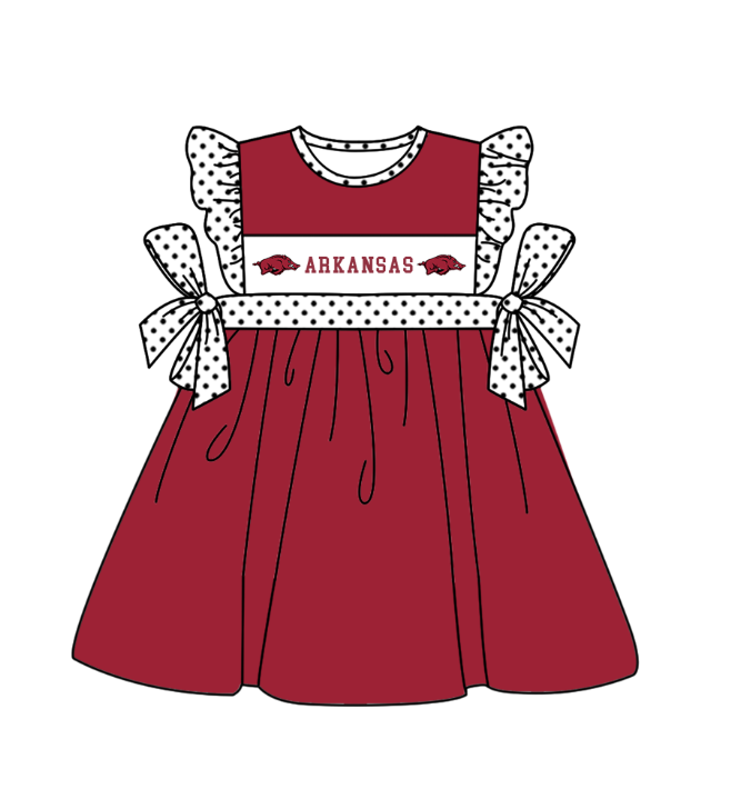 Preorder (moq 5)Baby Girls Polka Dots Flutter Sleeve Arkansas Team Knee Length Dresses