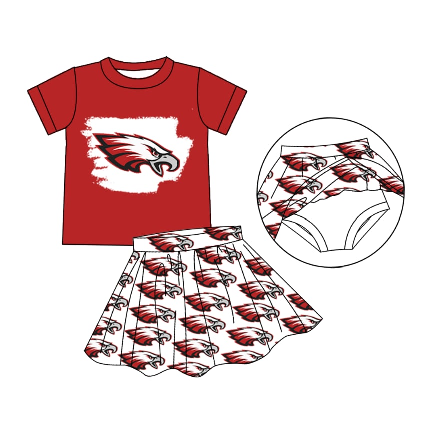 Preorder moq 5 Baby Girls Red Short Sleeves Eagles Top Plaid Skorts Team Set