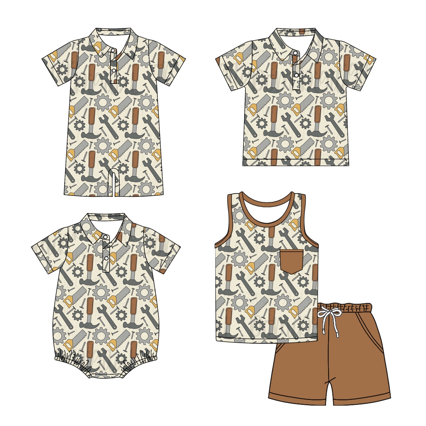 Preorder moq 5 Custom Baby Boys Khaki Short Sleeves Tools Button Top Short Set Polo Shirts And Rompers