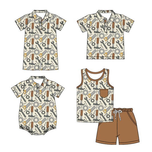 Preorder moq 5 Custom Baby Boys Khaki Short Sleeves Tools Button Top Short Set Polo Shirts And Rompers
