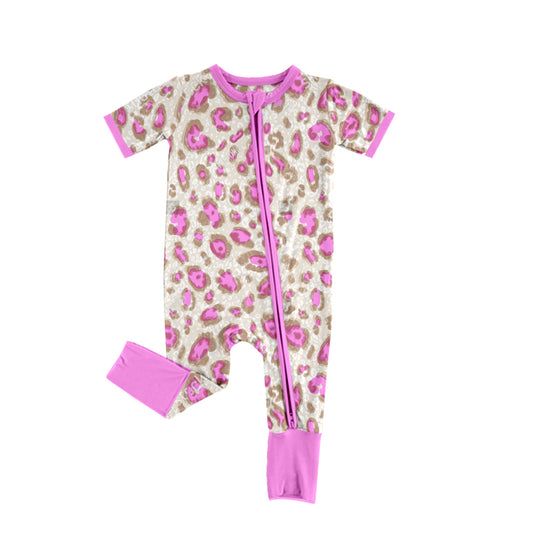 Baby Infant Girls Pink Leopard Zip Short Sleeve Rompers preorder(moq 5)