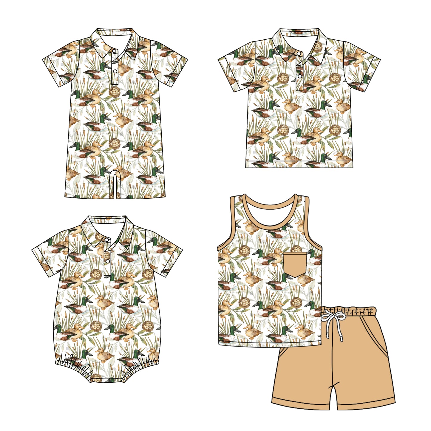 Preorder moq 5 Custom Baby Boys Short Sleeves Button Pocket Ducks Top Short Set Polo Shirts And Rompers