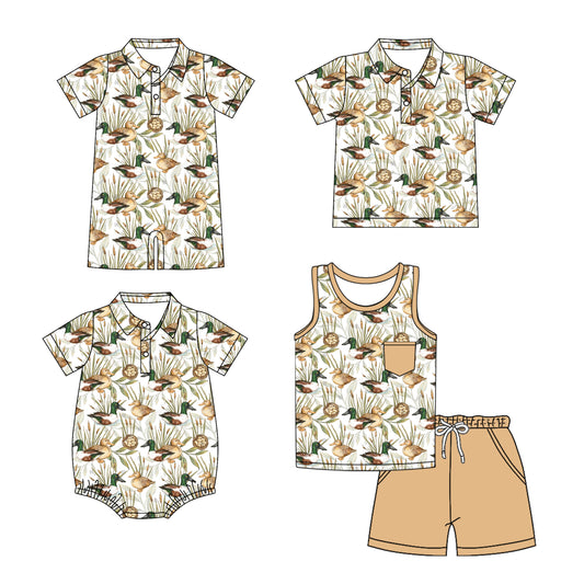 Preorder moq 5 Custom Baby Boys Short Sleeves Button Pocket Ducks Top Short Set Polo Shirts And Rompers