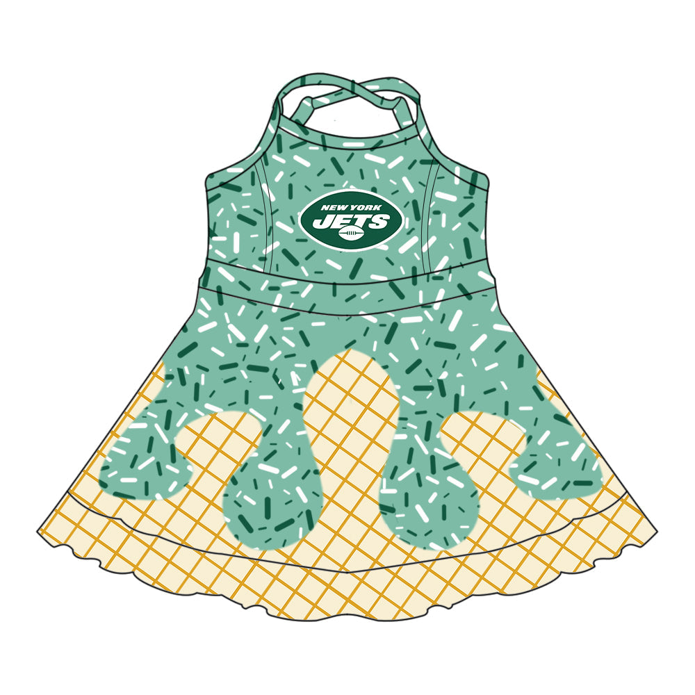 Preorder (moq 5)Baby Girls Drip Sprinkles New York Jets Team Shorts Ruffle Knee Length Dress