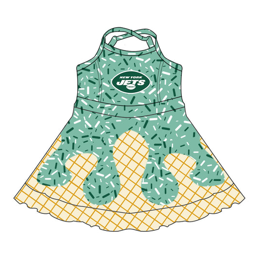 Preorder (moq 5)Baby Girls Drip Sprinkles New York Jets Team Shorts Ruffle Knee Length Dress