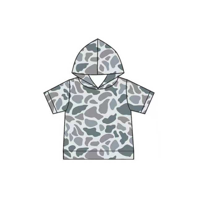 Preorder (moq 5)Baby Boys Short Sleeve Grey Camouflage Hooded Pullovers Tops