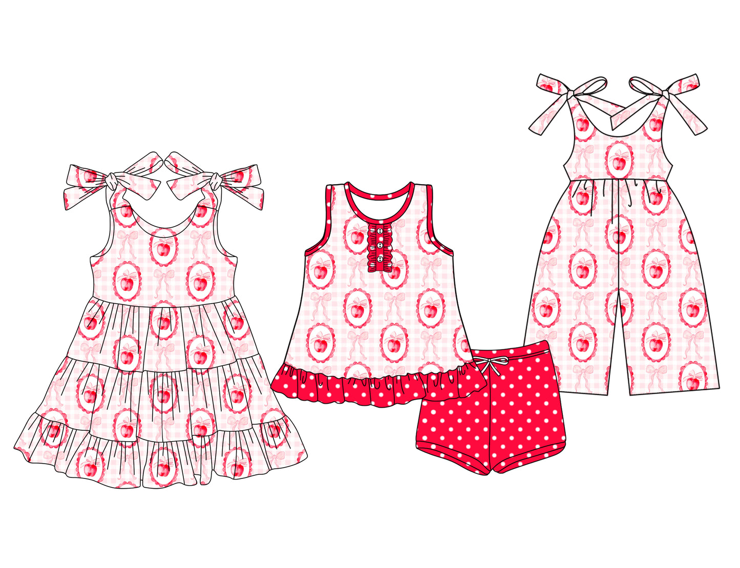 Preorder moq 5 Custom Baby Girls Red Apples Bows Button Tunic Polka Dots Shorts Set Knee Length Dress Jumpsuits