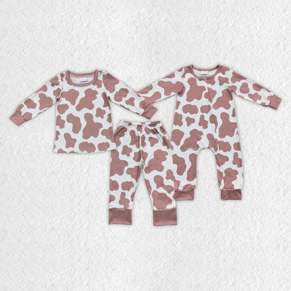 Baby Kids Girls Boys Sibling Cow Print Pajamas Sleepers