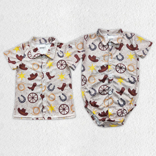 Baby Boys Western Boots Brother Shirt Rompers