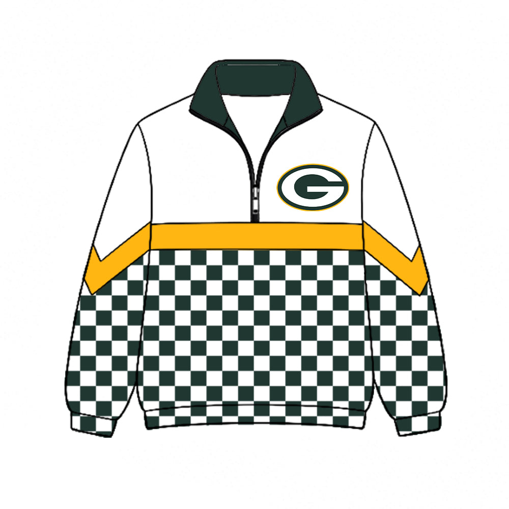 Preorder (moq 5)Baby Boys Green Checked Long Sleeve Bay Packers Team Zip Pullovers Top