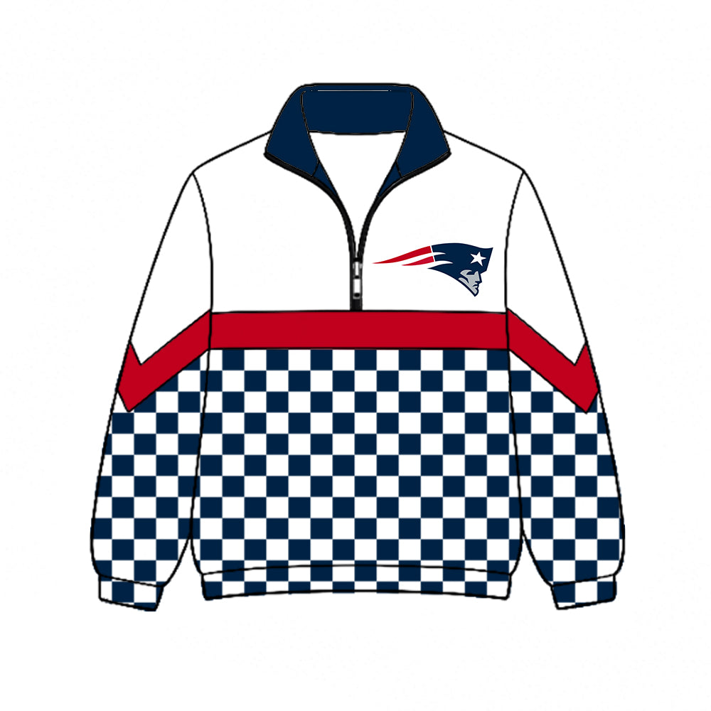 Preorder (moq 5)Baby Boys Navy Checked Long Sleeve New England Patriots Team Zip Pullovers Top