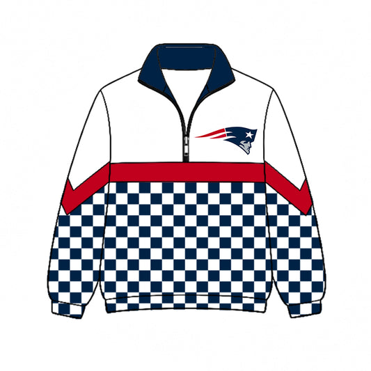 Preorder (moq 5)Baby Boys Navy Checked Long Sleeve New England Patriots Team Zip Pullovers Top