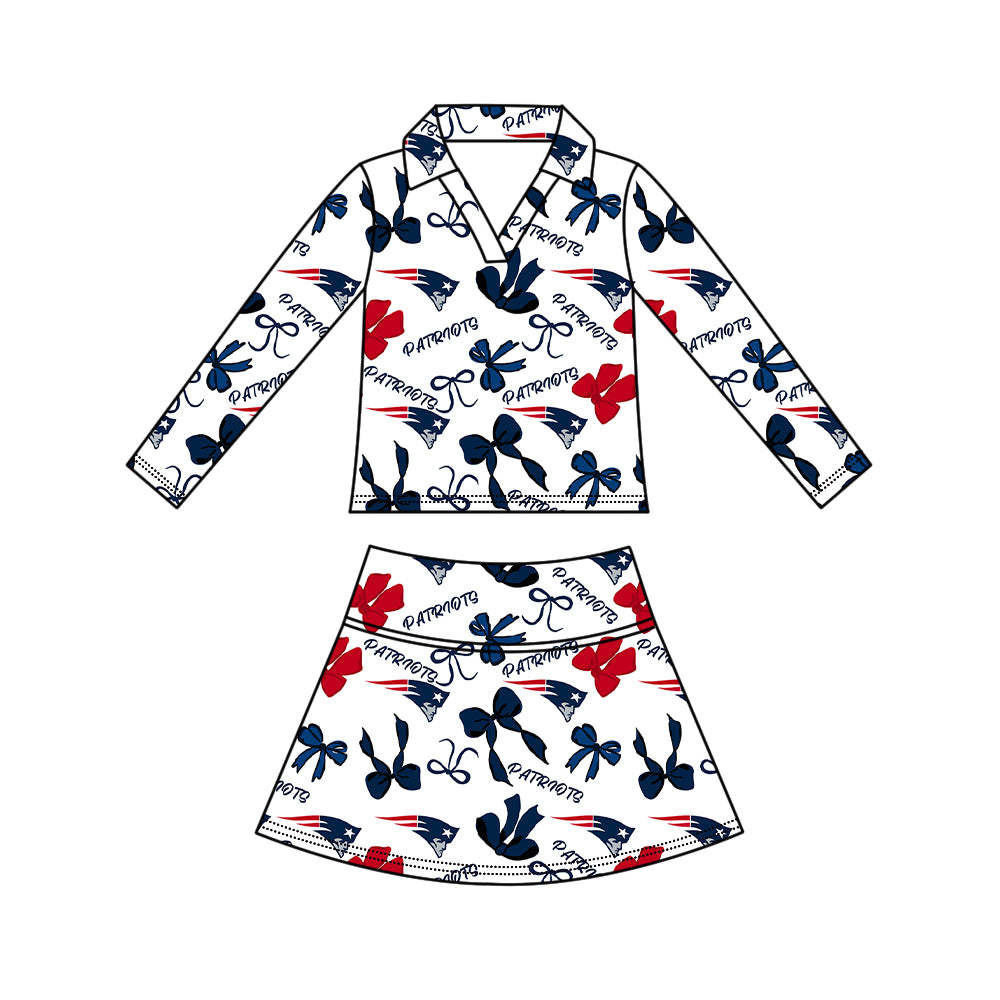 Preorder(moq 5)Baby Girls Bows Patriots Long Sleeve Top Skirt Short Team Clothes Sets
