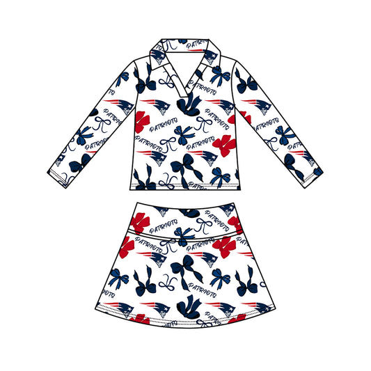 Preorder(moq 5)Baby Girls Bows Patriots Long Sleeve Top Skirt Short Team Clothes Sets