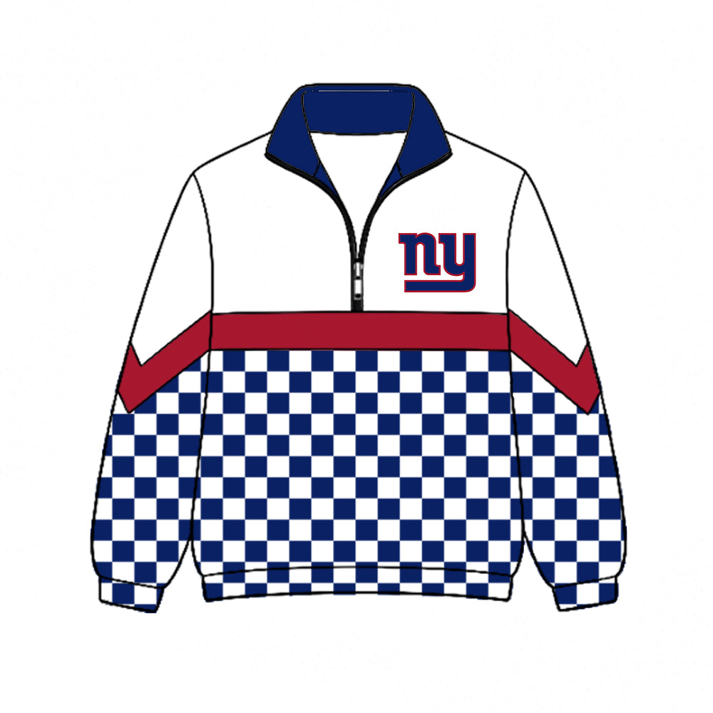 Preorder (moq 5)Baby Boys Blue Checked Long Sleeve New York Giants Team Zip Pullovers Top