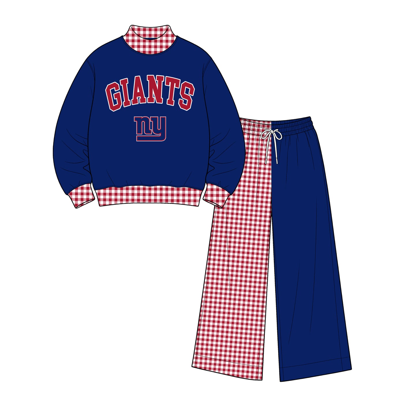 Preorder(moq 5)Baby Boys Blue Red Checked Giants Top Flare Pants Team Clothes Sets