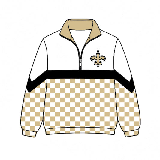 Preorder (moq 5)Baby Boys Khaki Checked Long Sleeve New Orleans Saints Team Zip Pullovers Top