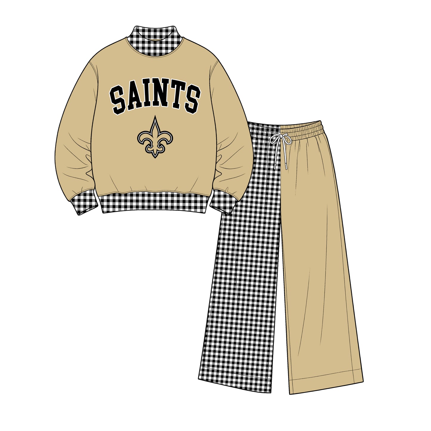 Preorder(moq 5)Baby Boys Black Gold Checked Saints Top Flare Pants Team Clothes Sets