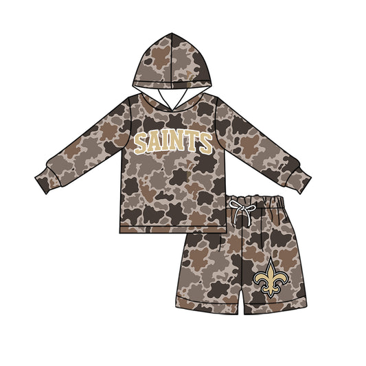 Preorder (moq 5) Baby Boys Brown Camo Saints Hoodie Short Team Clothes Sets