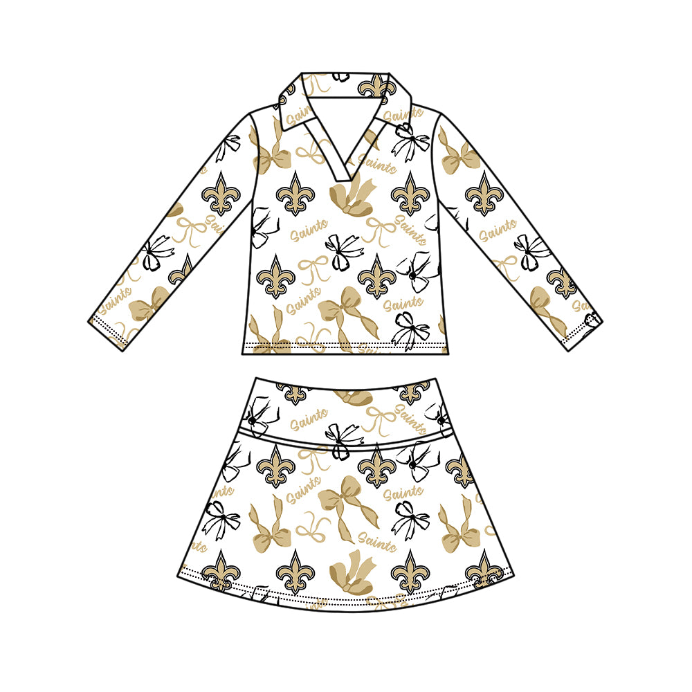 Preorder(moq 5)Baby Girls Bows Saints Long Sleeve Top Skirt Short Team Clothes Sets