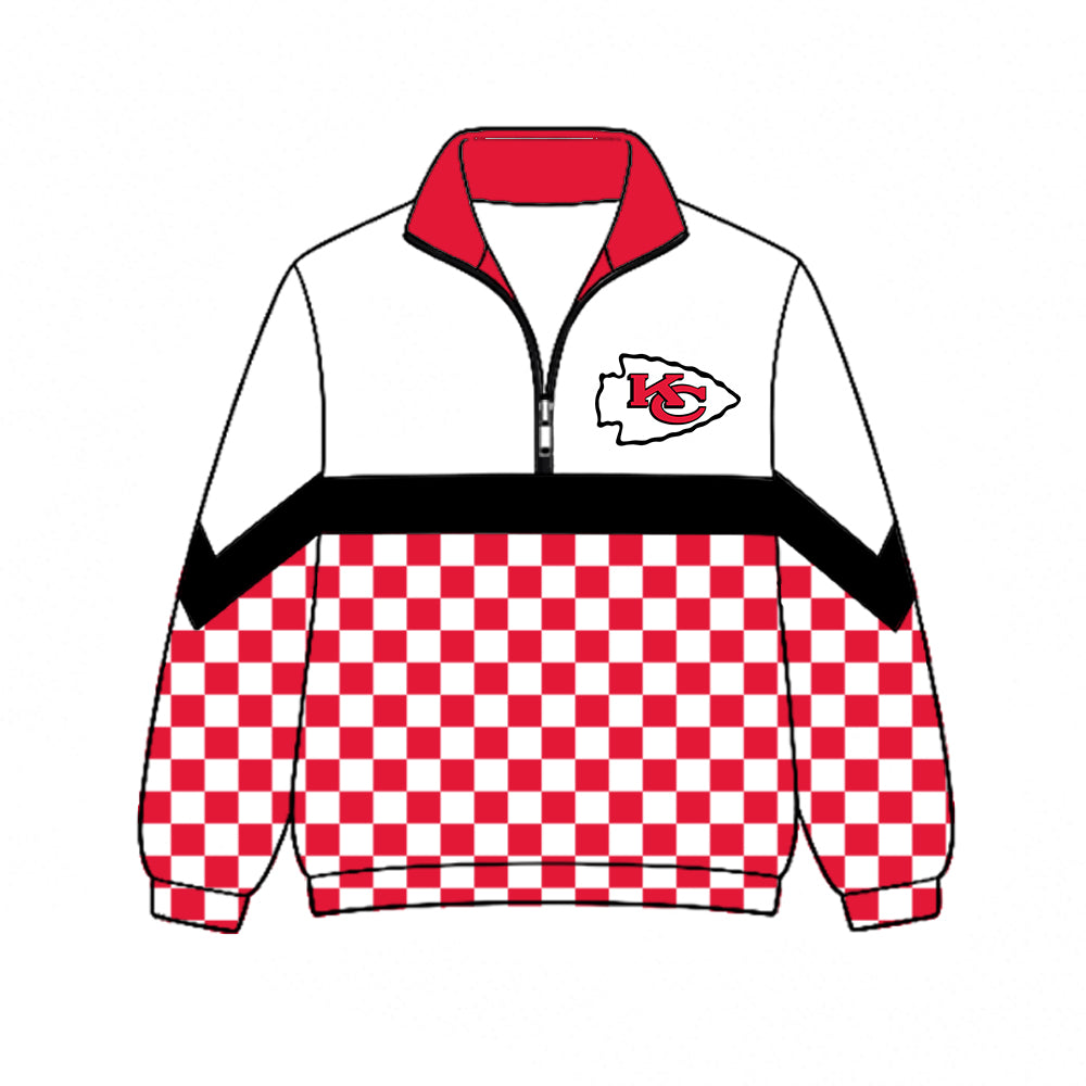 Preorder (moq 5)Baby Boys Red Checked Long Sleeve Kansas City Chiefs Team Zip Pullovers Top