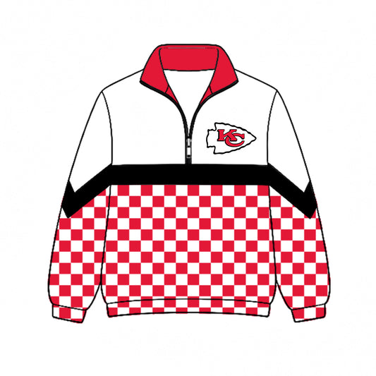 Preorder (moq 5)Baby Boys Red Checked Long Sleeve Kansas City Chiefs Team Zip Pullovers Top