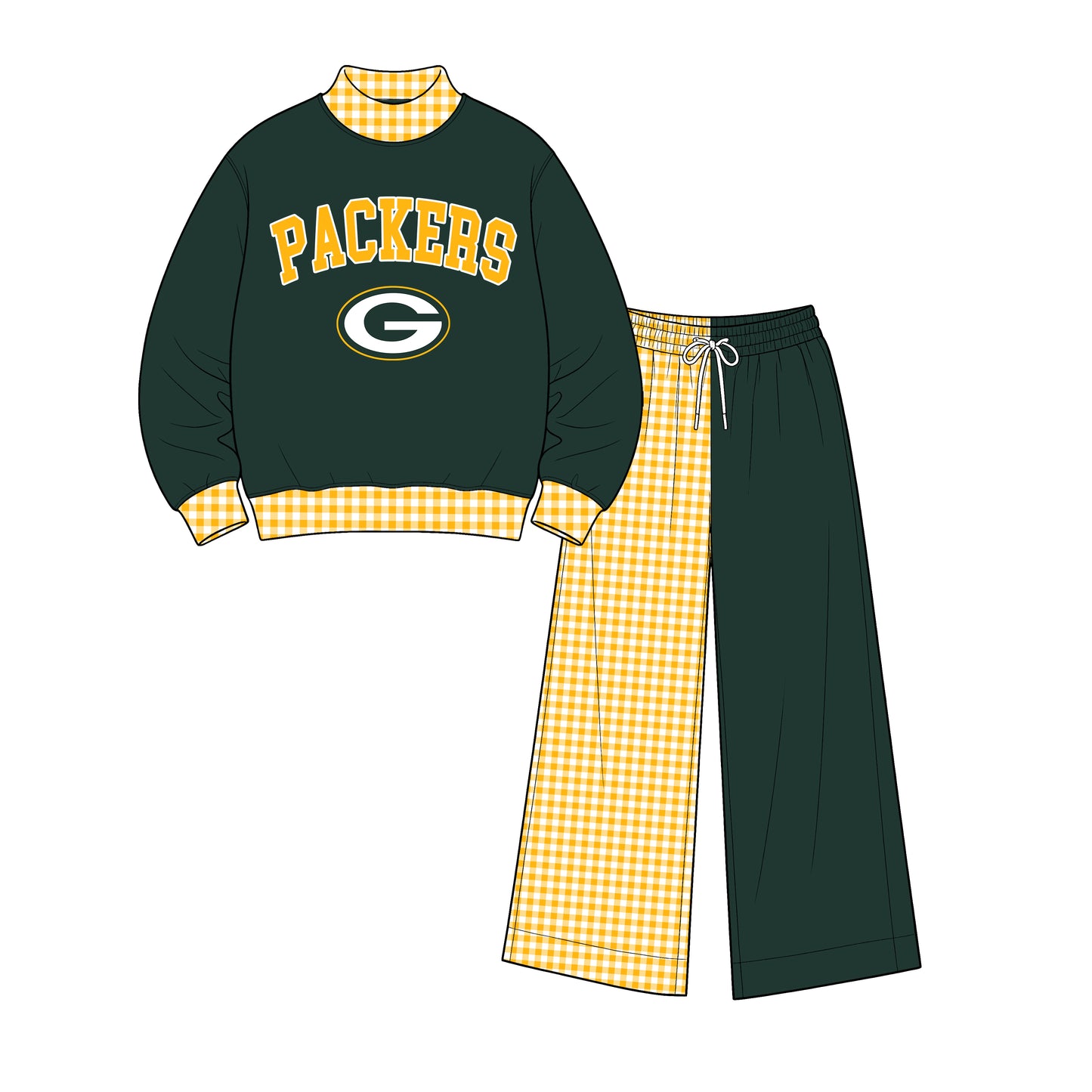 Preorder(moq 5)Baby Boys Yellow Green Checked Packers Top Flare Pants Team Clothes Sets