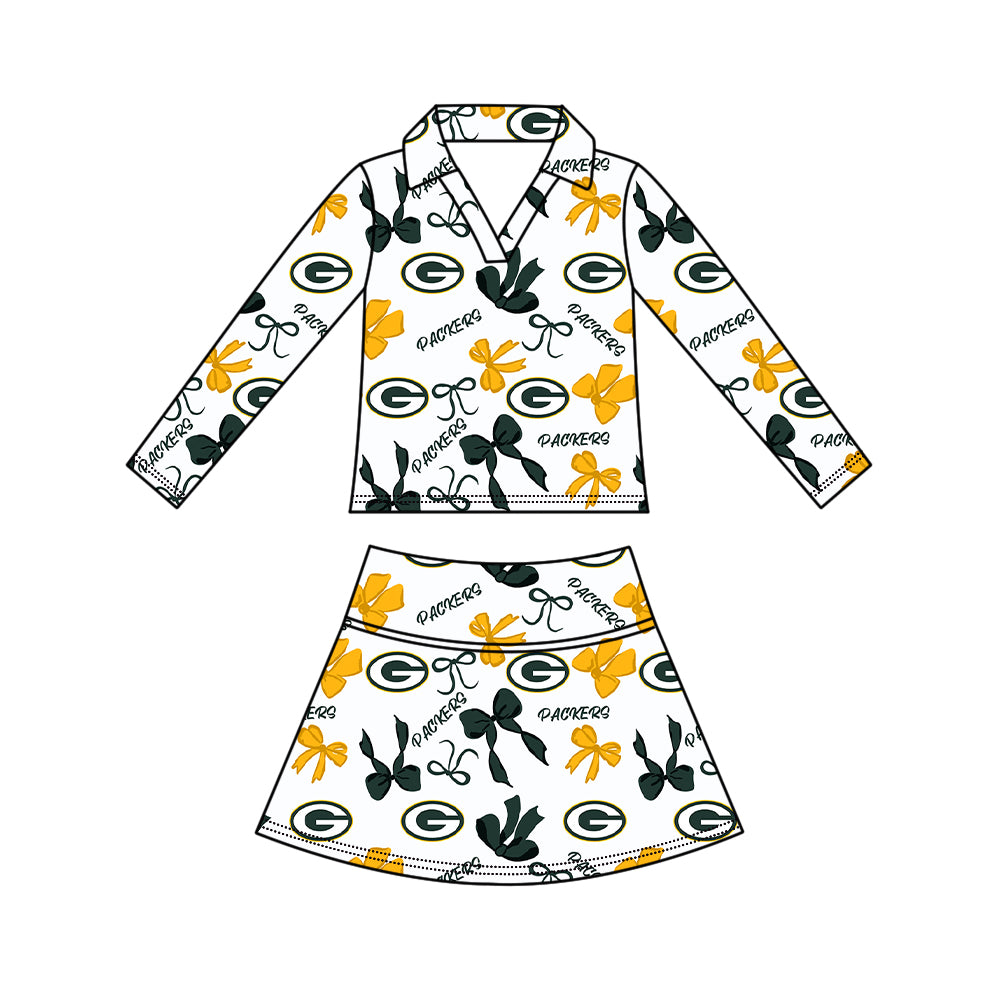 Preorder(moq 5)Baby Girls Bows Packers Long Sleeve Top Skirt Short Team Clothes Sets