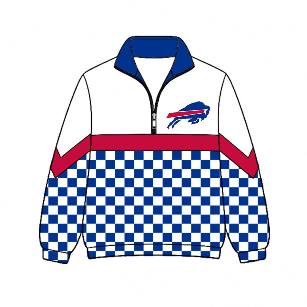 Preorder (moq 5)Baby Boys Blue Checked Long Sleeve Charging Buffalo Team Zip Pullovers Top