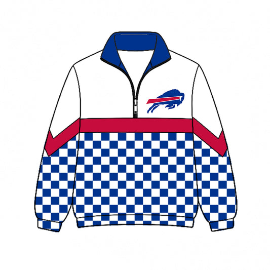 Preorder (moq 5)Baby Boys Blue Checked Long Sleeve Charging Buffalo Team Zip Pullovers Top
