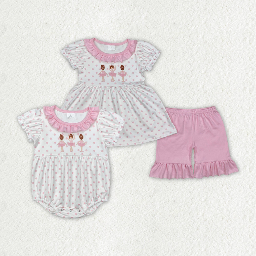 Sibling Baby Girls Pink Dots Dance Rompers Outfits Sets
