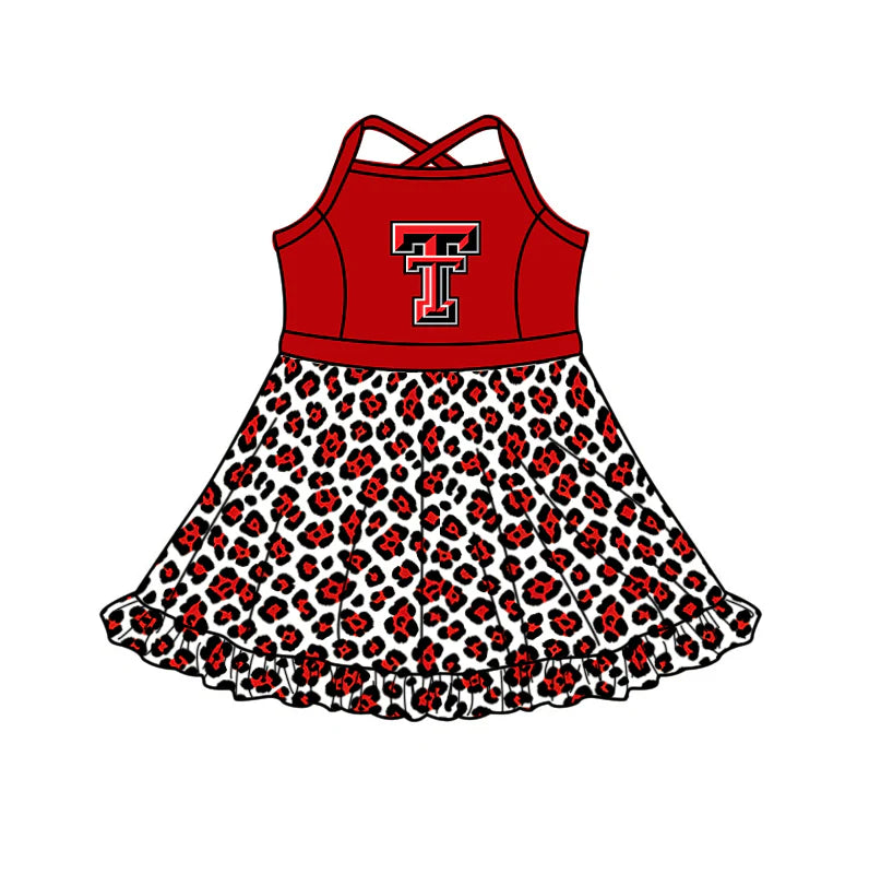 Preorder (custom moq 5)Baby Girls Strap Leopard TT Short Ruffle Team Knee Length Dress