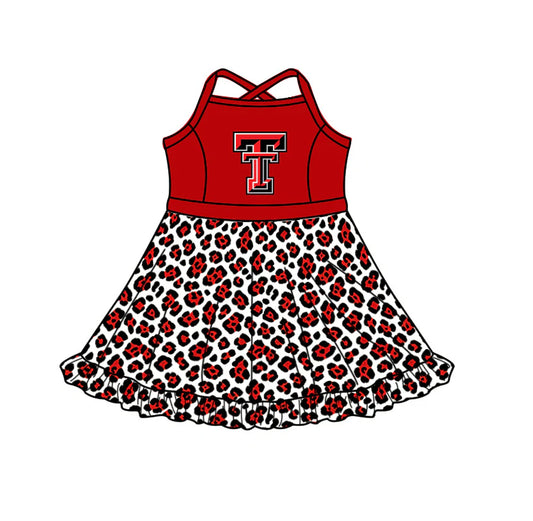 Preorder (custom moq 5)Baby Girls Strap Leopard TT Short Ruffle Team Knee Length Dress