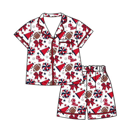 Preorder (moq 5)Baby Girls Footballs Bows Button Pocket Top Short Team Clothes Sets