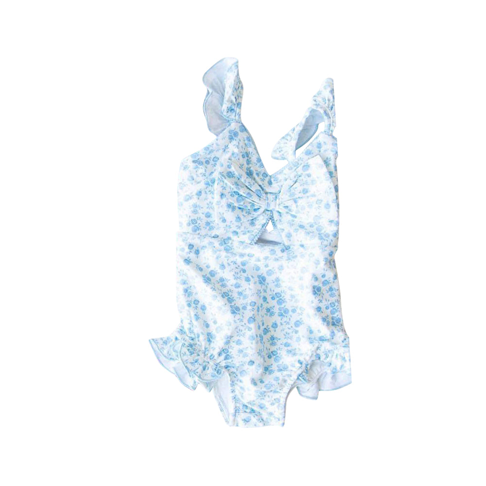 Baby Girls Blue Small Flowers Bows Straps One Piece Swimsuits Preorder (moq 5)