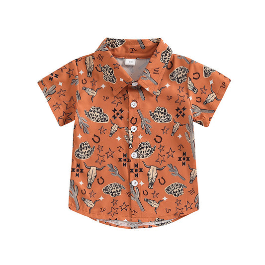 Baby Boys Western Cow Skull Short Sleeve Buttons Tee Shirts Tops Preorder(moq 5)