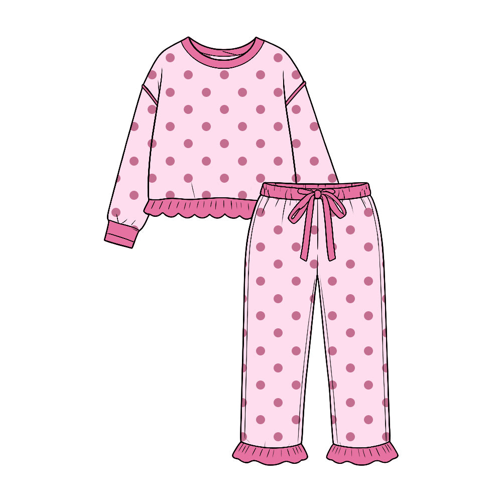 Pre-order(moq5)  Girls’ Fall Light Pink Polka Dot Ruffle Long-Sleeve Round-Neck Top & Bow-Detail Elastic-Waist Ruffle-Hem Pants Set