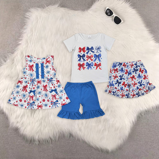 Sibling Baby Girls 4th Of July Bows Tunic Top Ruffle Shorts Sets