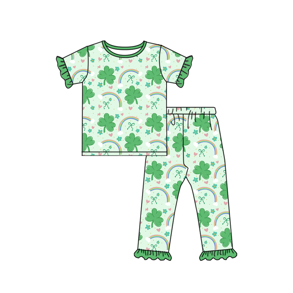 Preorder (moq 5) Baby Girl Clothes St Patricks Rainbow Clover Bow Mixed Print Short Sleeve Ruffle Pant Set