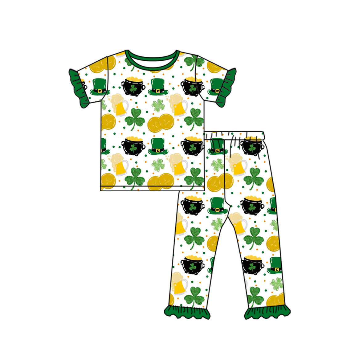Preorder (moq 5) Baby Girl Clothes St Patricks Gold Coin Pot Shamrock Mixed Print Short Sleeve Ruffle Pant Set
