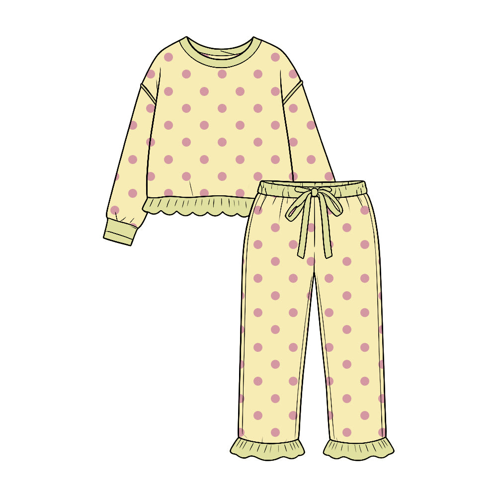 Pre-order(moq5)  Girls’ Fall Yellow Polka Dot Ruffle Long-Sleeve Round-Neck Top & Bow-Detail Elastic-Waist Ruffle-Hem Pants Set