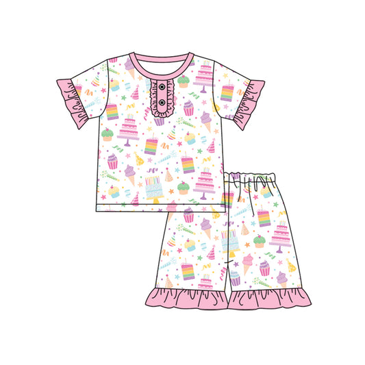 Preorder (moq 5)Baby Girls Pink Birthday Tee Top Shorts Pajamas