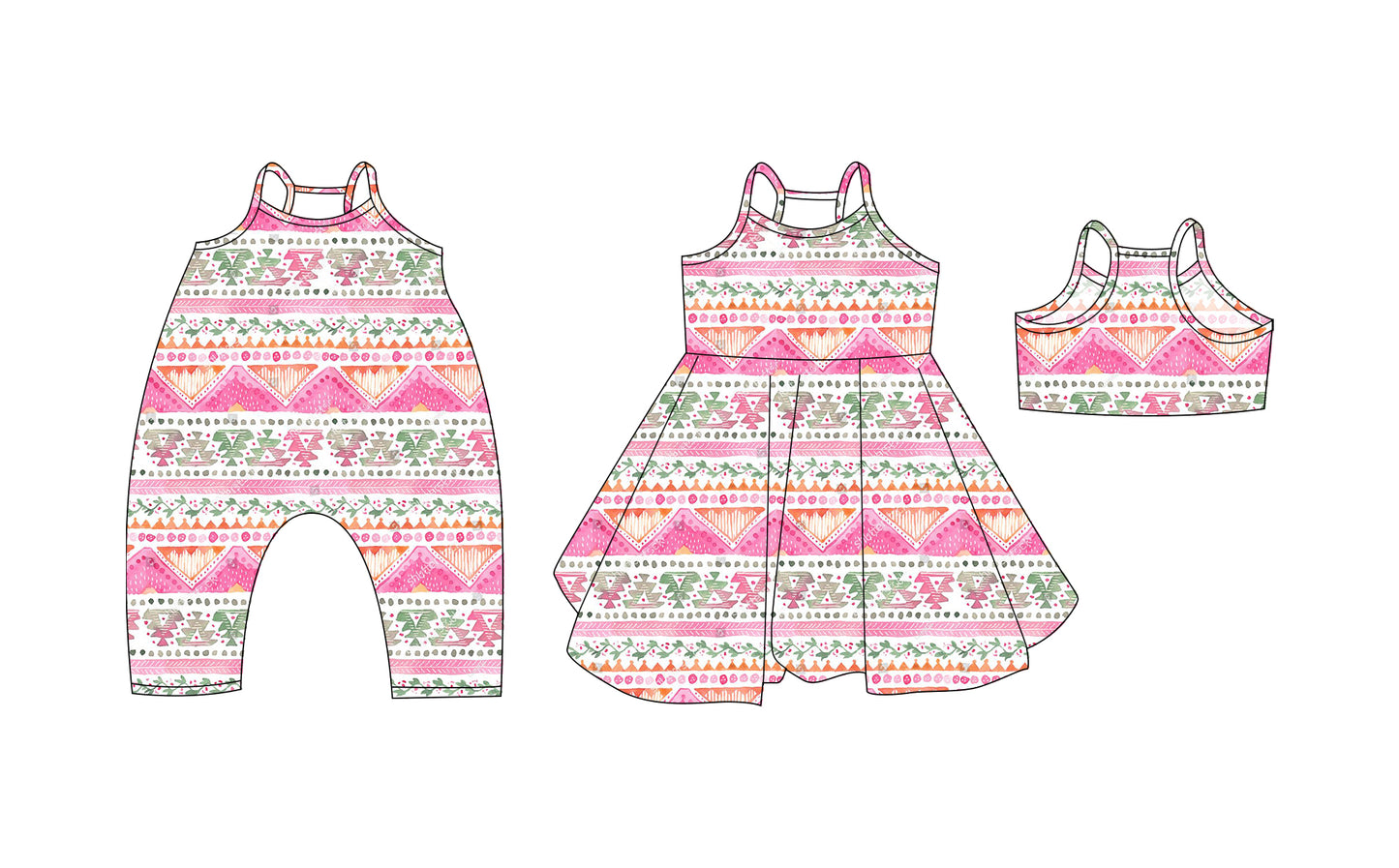Preorder moq 5 Custom Baby Girls Strap Pink Aztec Floral Knee Length Dresses Romper